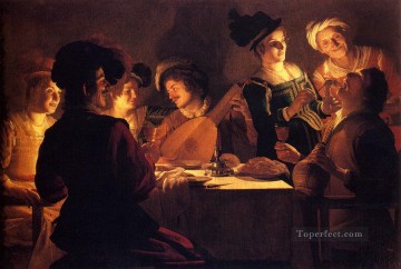 吟遊詩人とリュートの晩餐 夜のキャンドルライト ジェラルド・ファン・ホンホルスト Decor Art